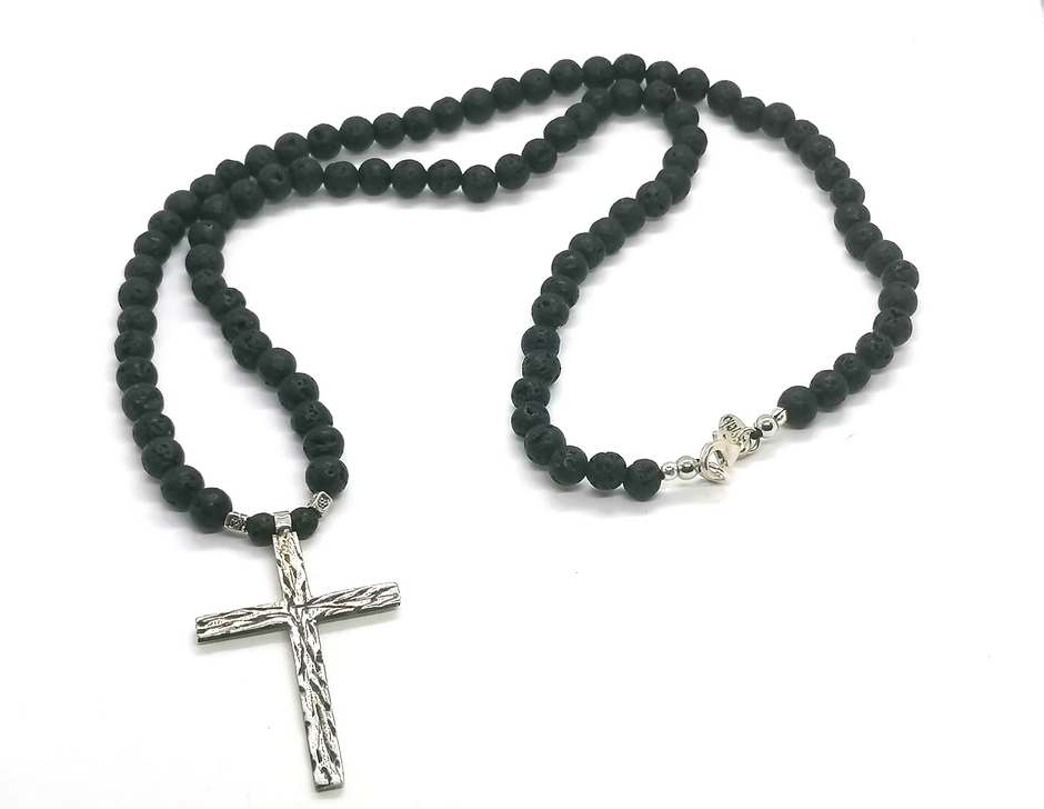 Lava Stone Cross Necklace, 6mm | Castello Jewels