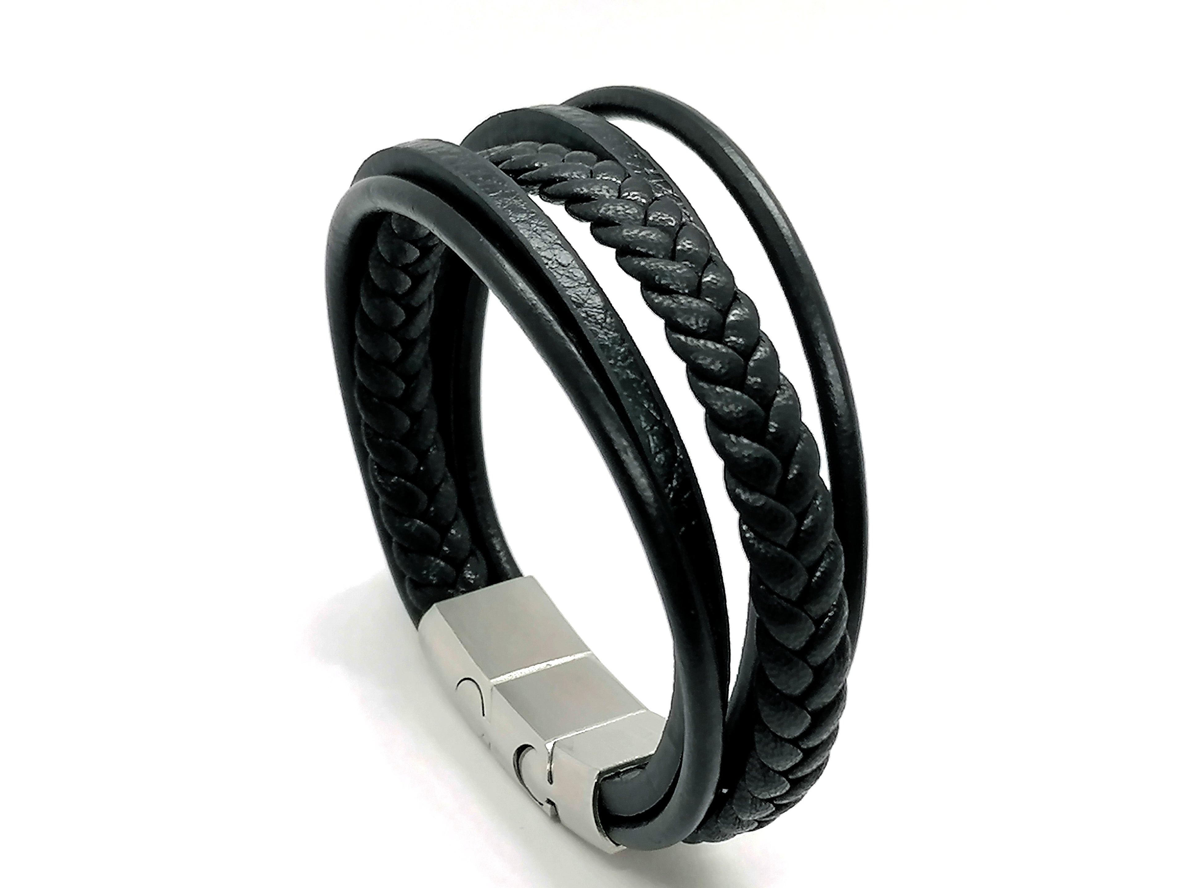 Black Multilayer Braided Leather Bracelet, Stainless Steel Double Clasp | Castello Jewels