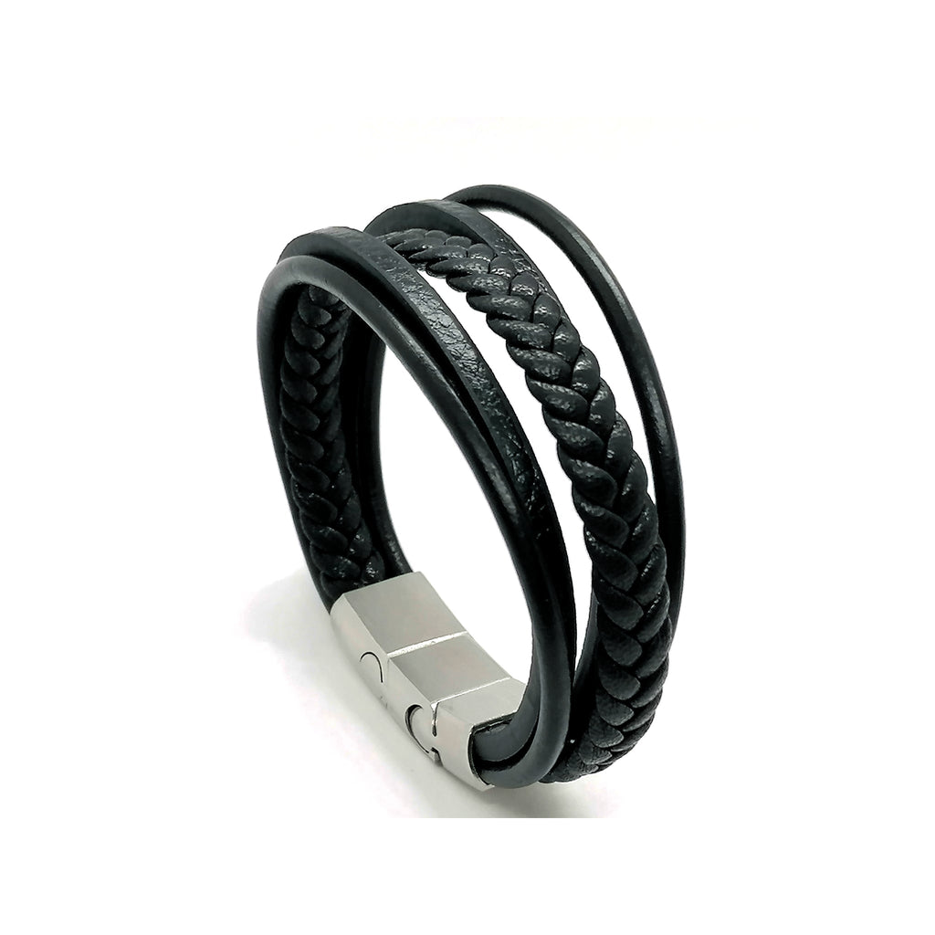 Black Multi-Strand Braided Leather Bracelet, Men's | Castello Jewels