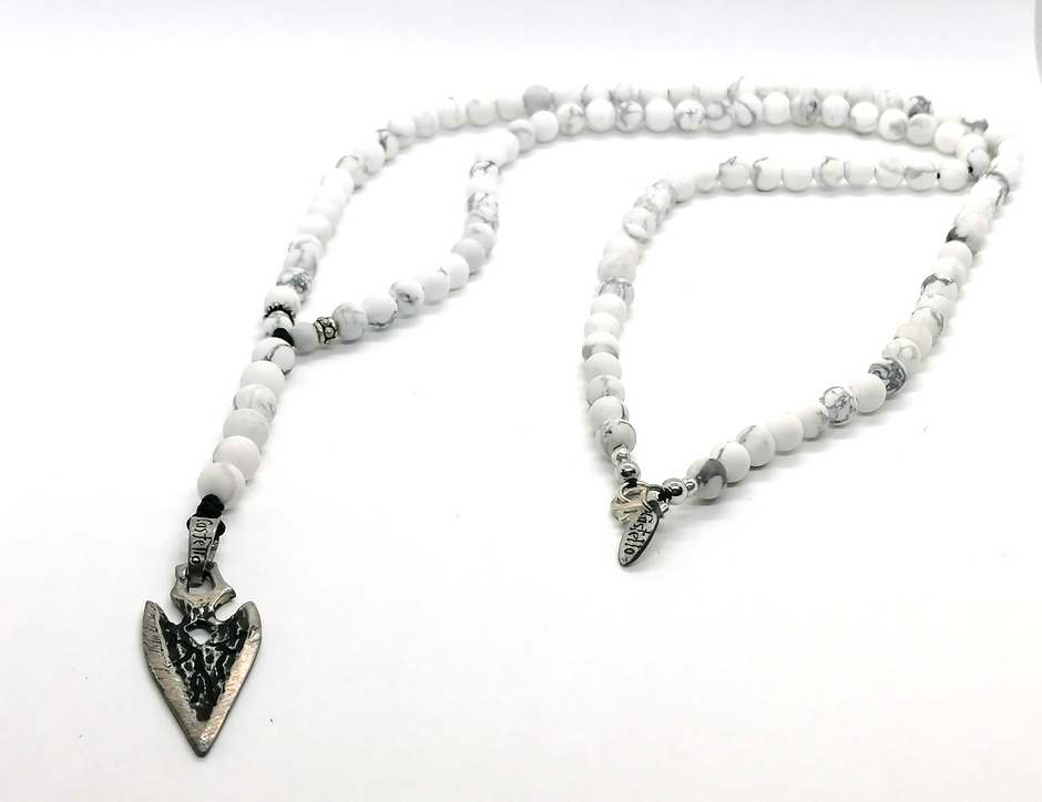 Howlite Rosary Necklace, Arrowhead Pendant, Black Cord, 6mm | Castello Jewels