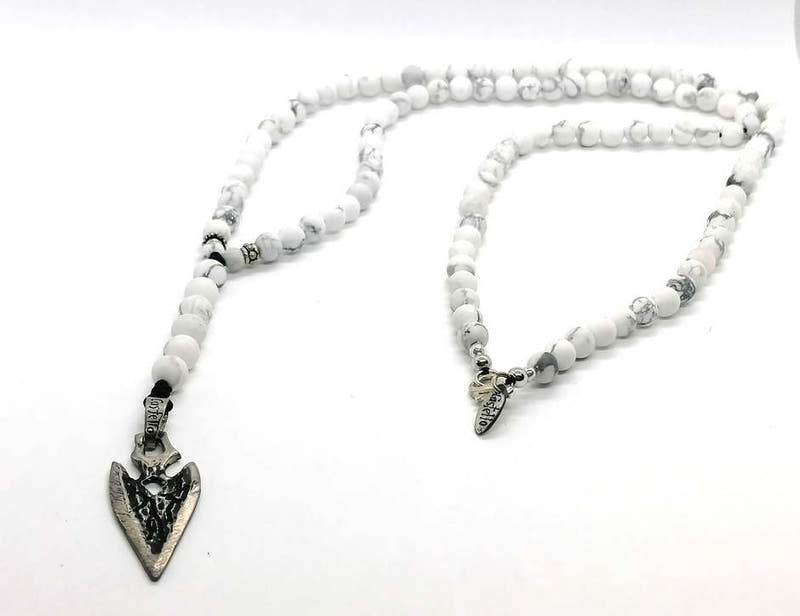 Howlite Rosary Necklace, Arrowhead Pendant, Black Cord · 6mm