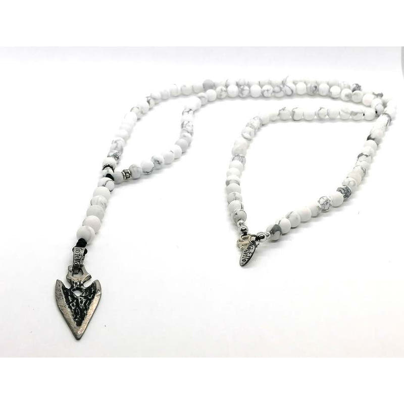 Howlite Rosary Necklace, Arrowhead Pendant, Black Cord · 6mm