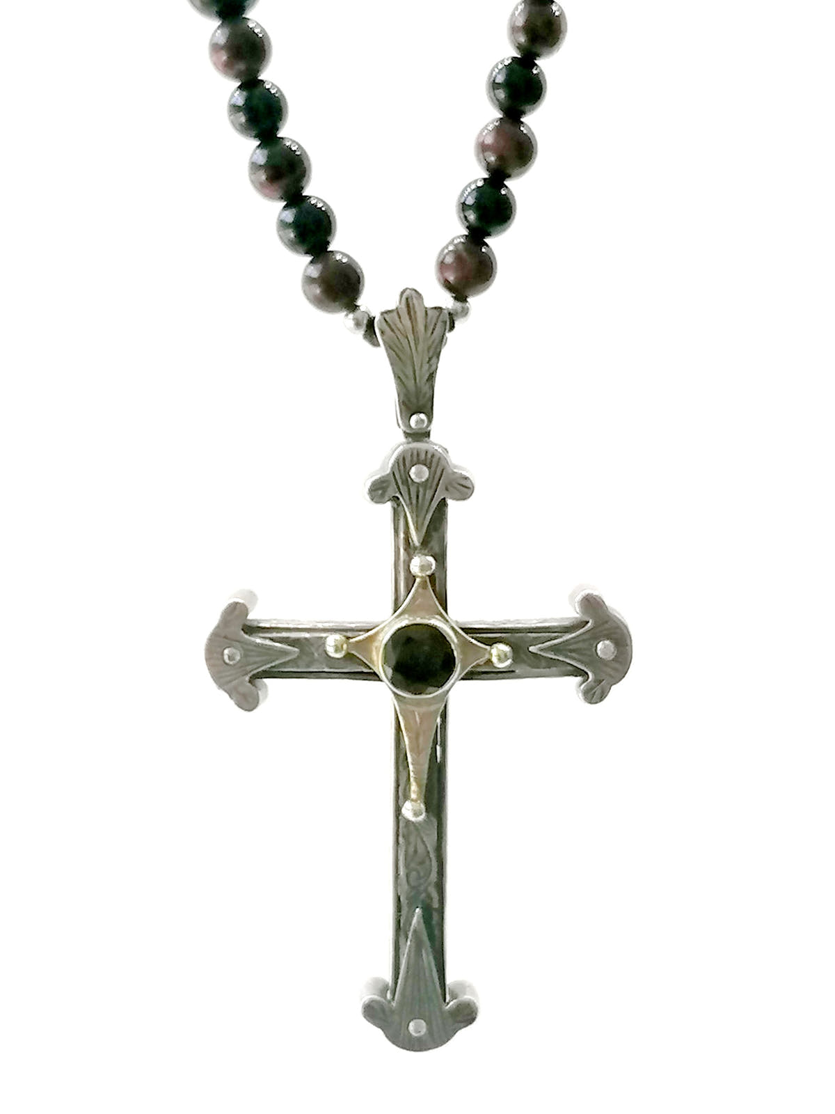 Onyx & Tiger's Eye Byzantine Cross Necklace, Men's, 8mm, view 3 | Castello Jewels