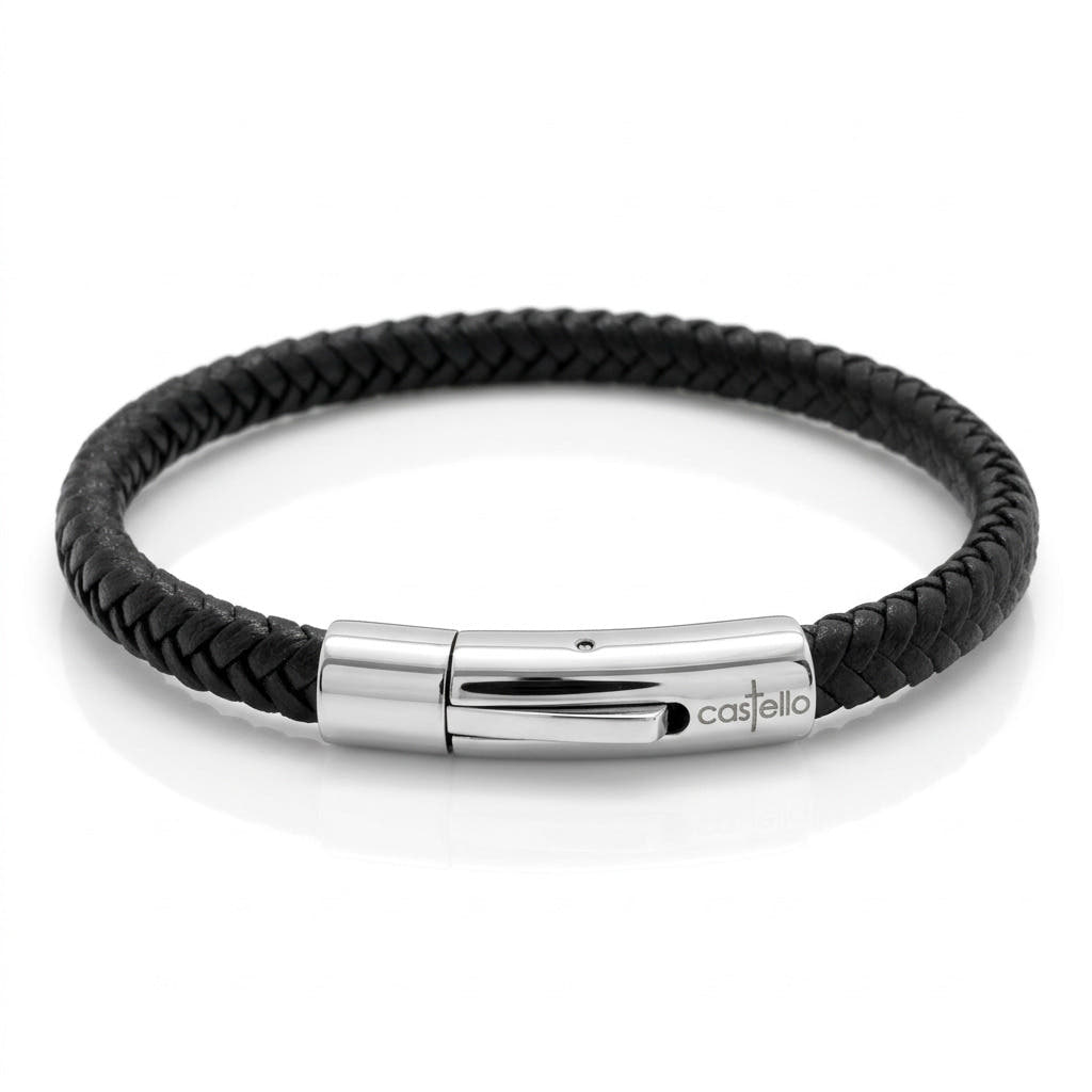 Black & Blue Braided Leather Men's Bracelet, 6mm | Castello Jewels