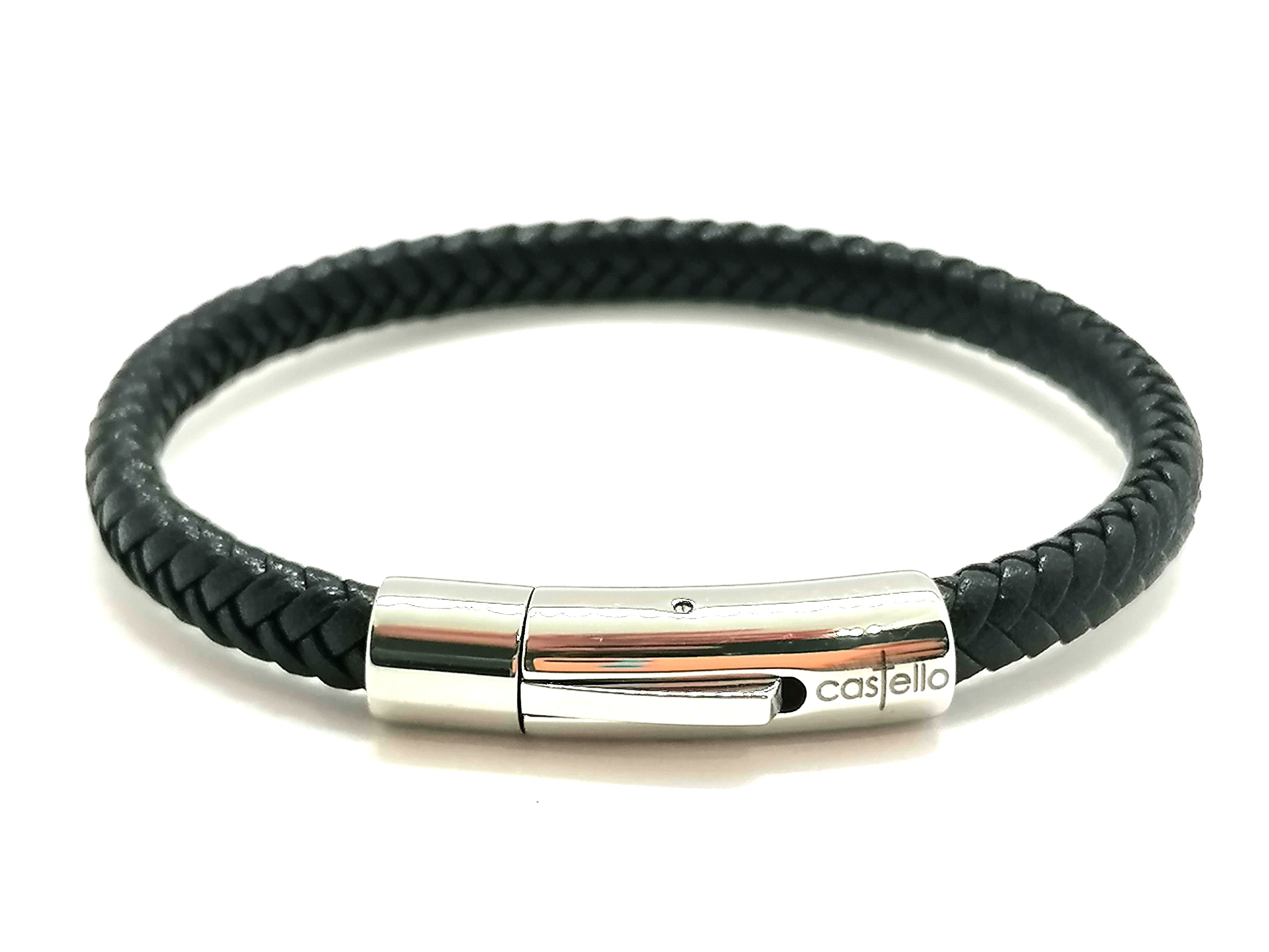 Black Braided Leather Bracelet, Stainless Steel Clasp | Castello Jewels