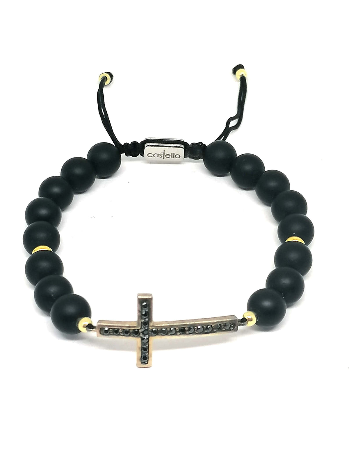 Matte Onyx Cross Bracelet, Gold-Plated, 8mm, view 2 | Castello Jewels