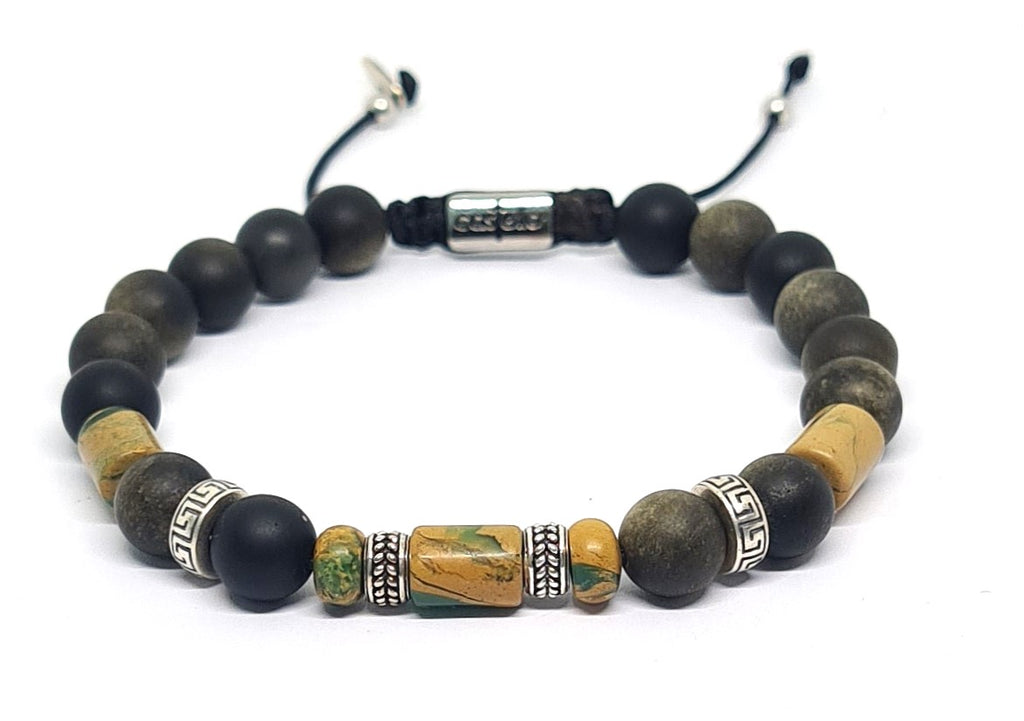 Hand Made Silver 925 Bracelet, Obsidian, Picasso stone 6mm | Castello Jewels