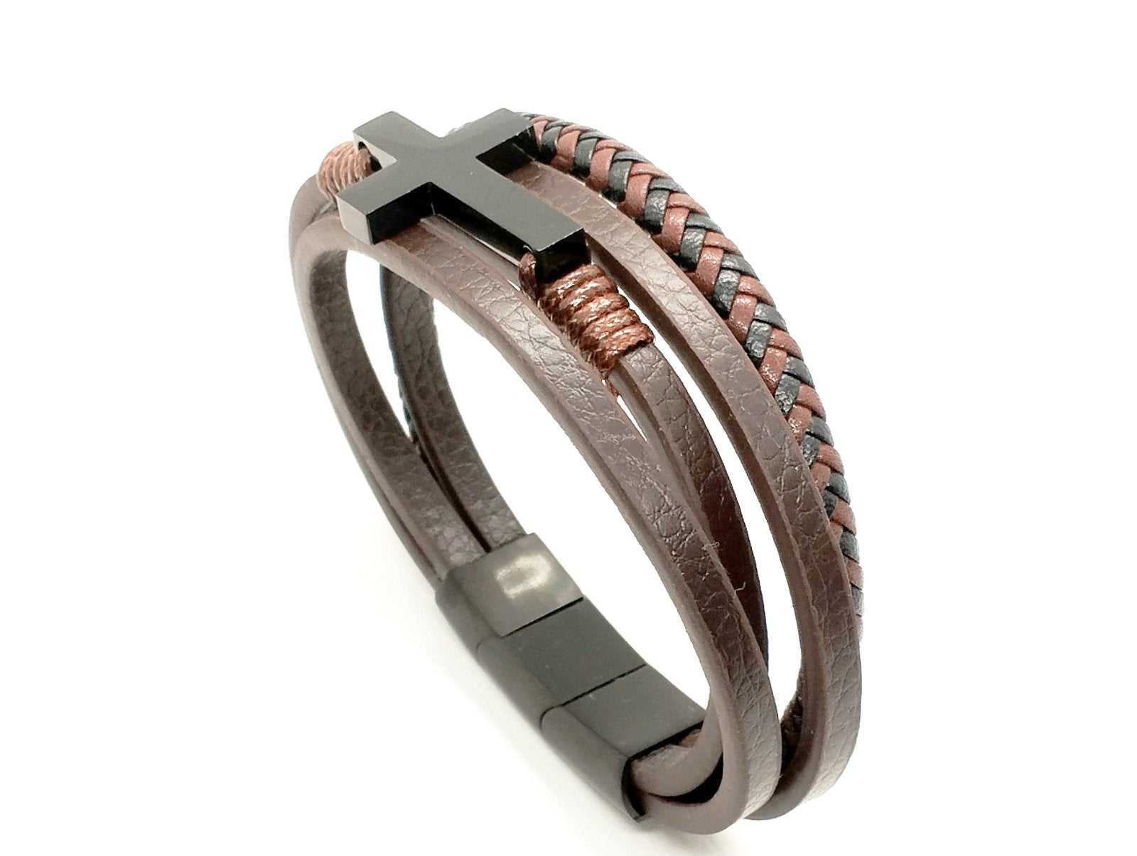 Cross Brown Braided Leather Bracelet, Stainless Steel Clasp | Castello Jewels