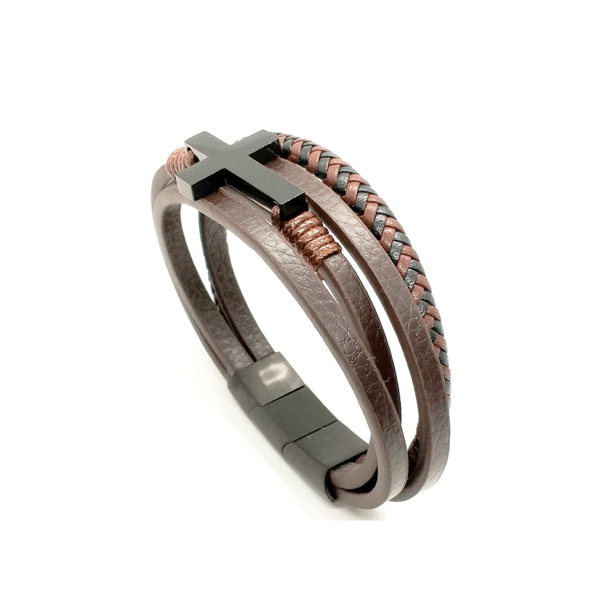 Brown Braided Leather Men's Bracelet, Cross Charm | Castello Jewels