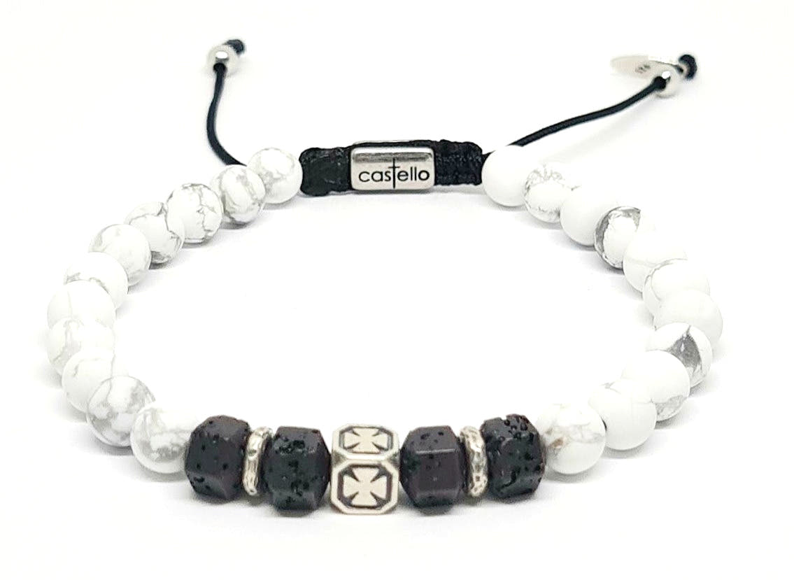 Knights Howlite & Square Lava Stacking Bracelet, 6mm | Castello Jewels