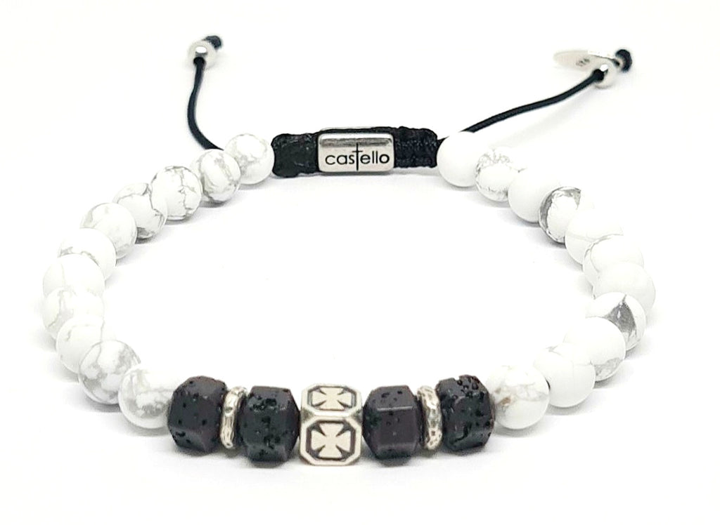 Hand Made Silver Bracelet Knights, Howlite, Lava square stone 6mm | Castello Jewels