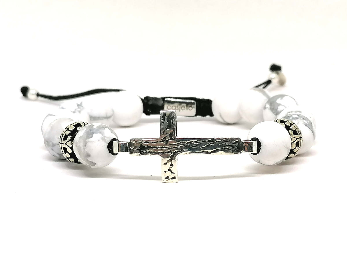 Howlite Cross Bracelet, Sterling Silver, 10mm | Castello Jewels
