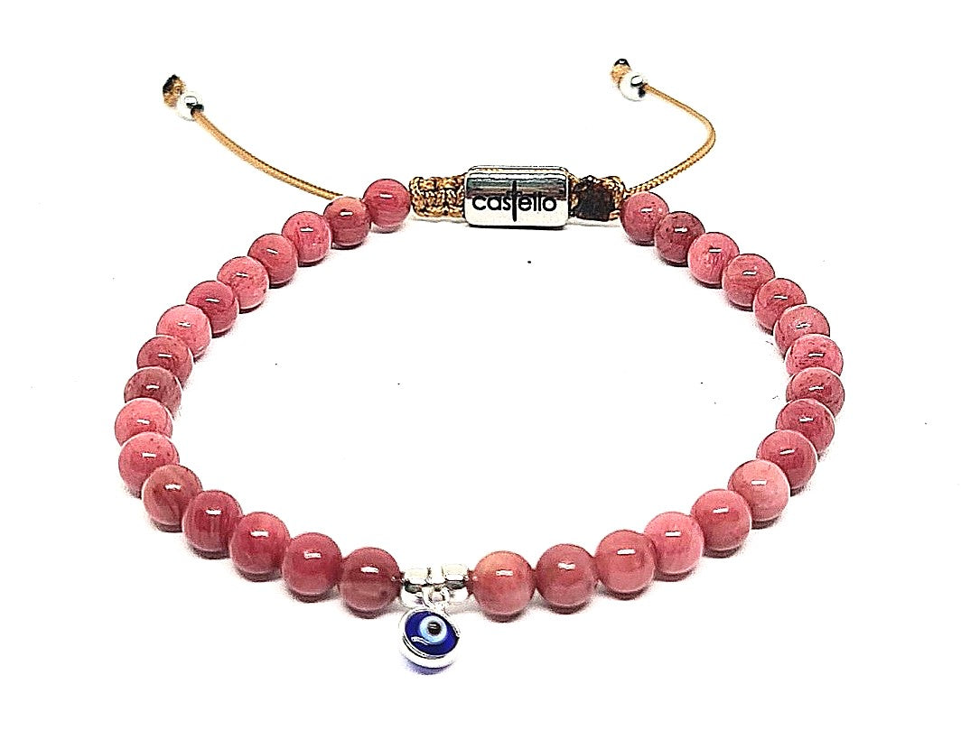 Hand Made Bracelet Evil Eye 925', Dark Rodonite stone 4mm | Castello Jewels