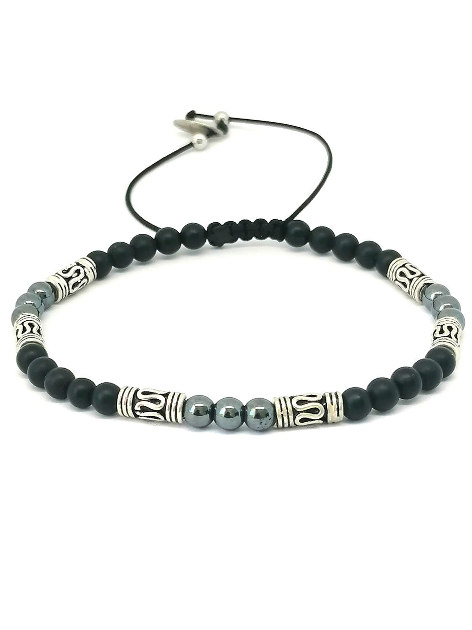 Hand Made Silver Bracelet Ancient, Onyx mat, Hematite stone 4mm — view 2 | Castello Jewels