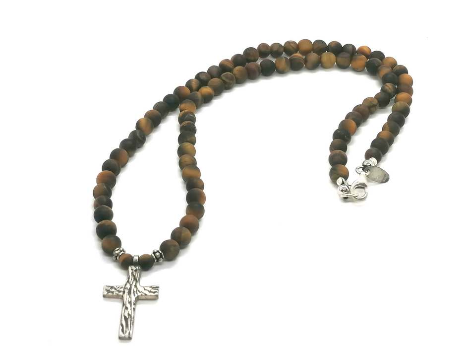 Tiger's Eye Cross Necklace, Sterling Silver, 6mm | Castello Jewels