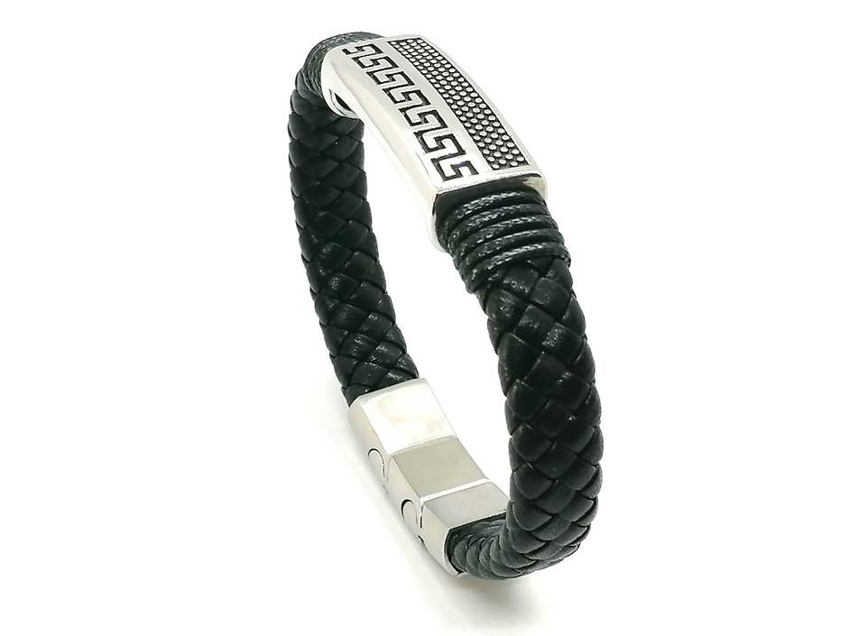 Greca style, Black Braided Leather Bracelet, Stainless Steel DoubleC — view 2 | Castello Jewels