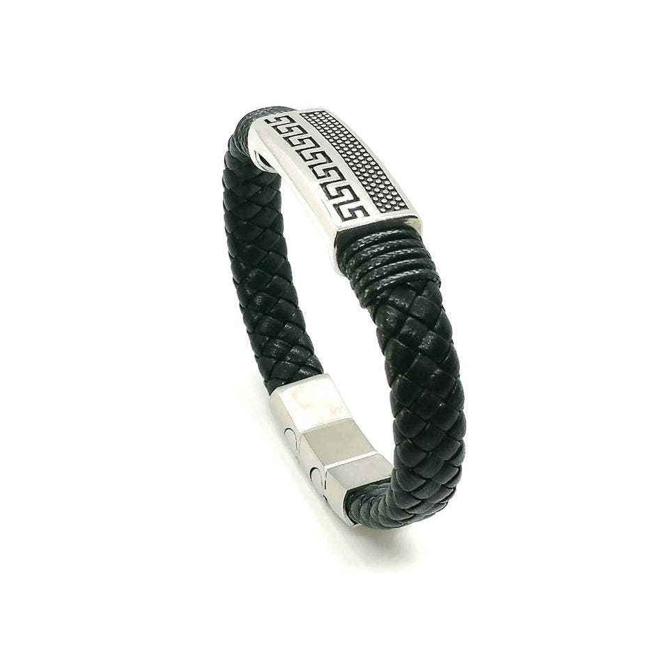 Greca style, Black Braided Leather Bracelet, Stainless Steel DoubleC — view 2 | Castello Jewels