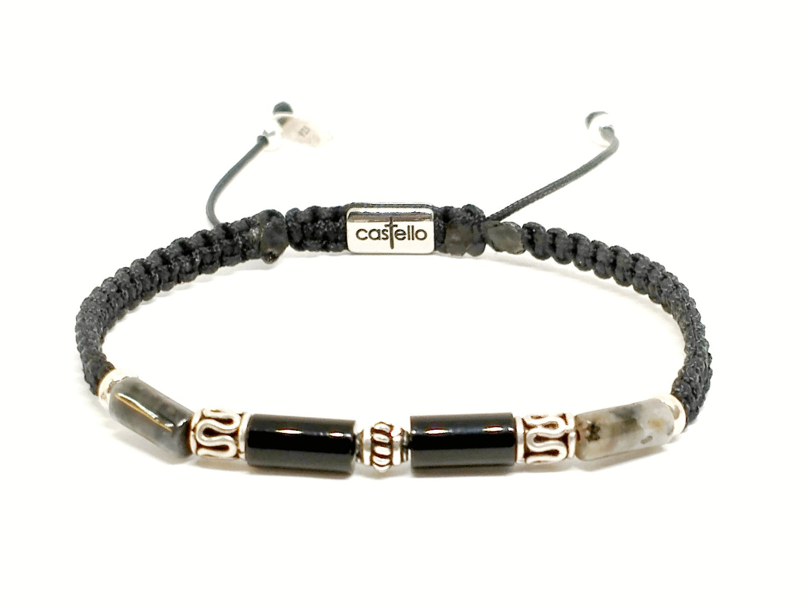 Hand Made Silver 925 Bracelet, Spectrolite & Black Obsidian Tube stone 4*9mm | Castello Jewels