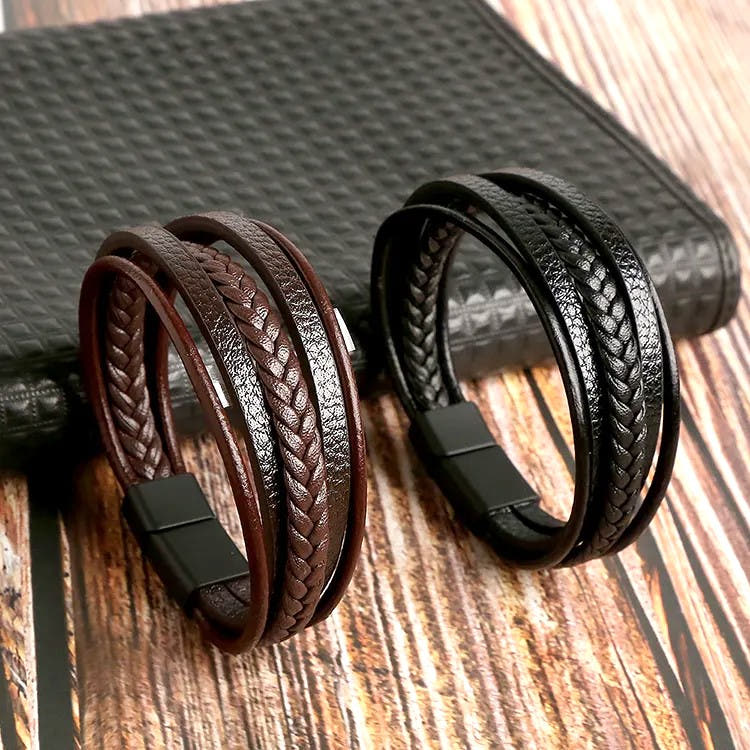 Brown Multilayer Braided Leather Bracelet, Stainless Steel Double Clasp — view 2 | Castello Jewels