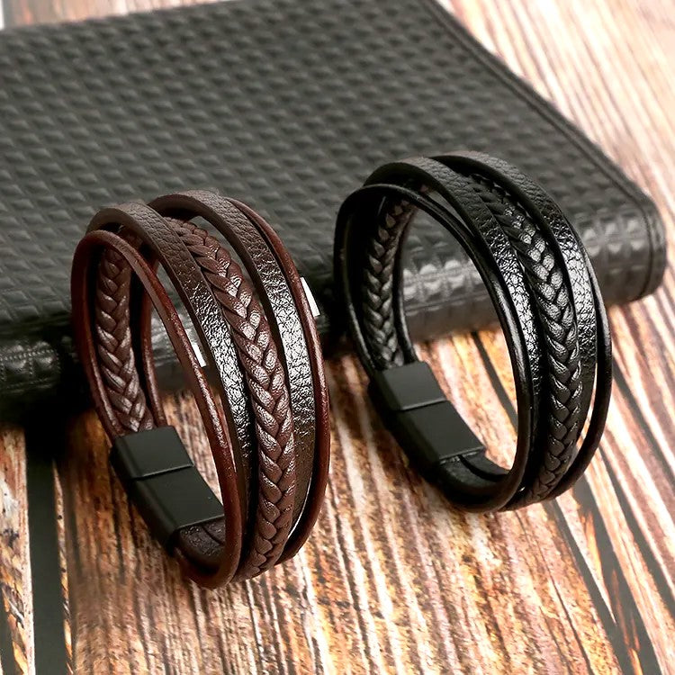Brown Multilayer Braided Leather Bracelet, Stainless Steel Double Clasp — view 2 | Castello Jewels