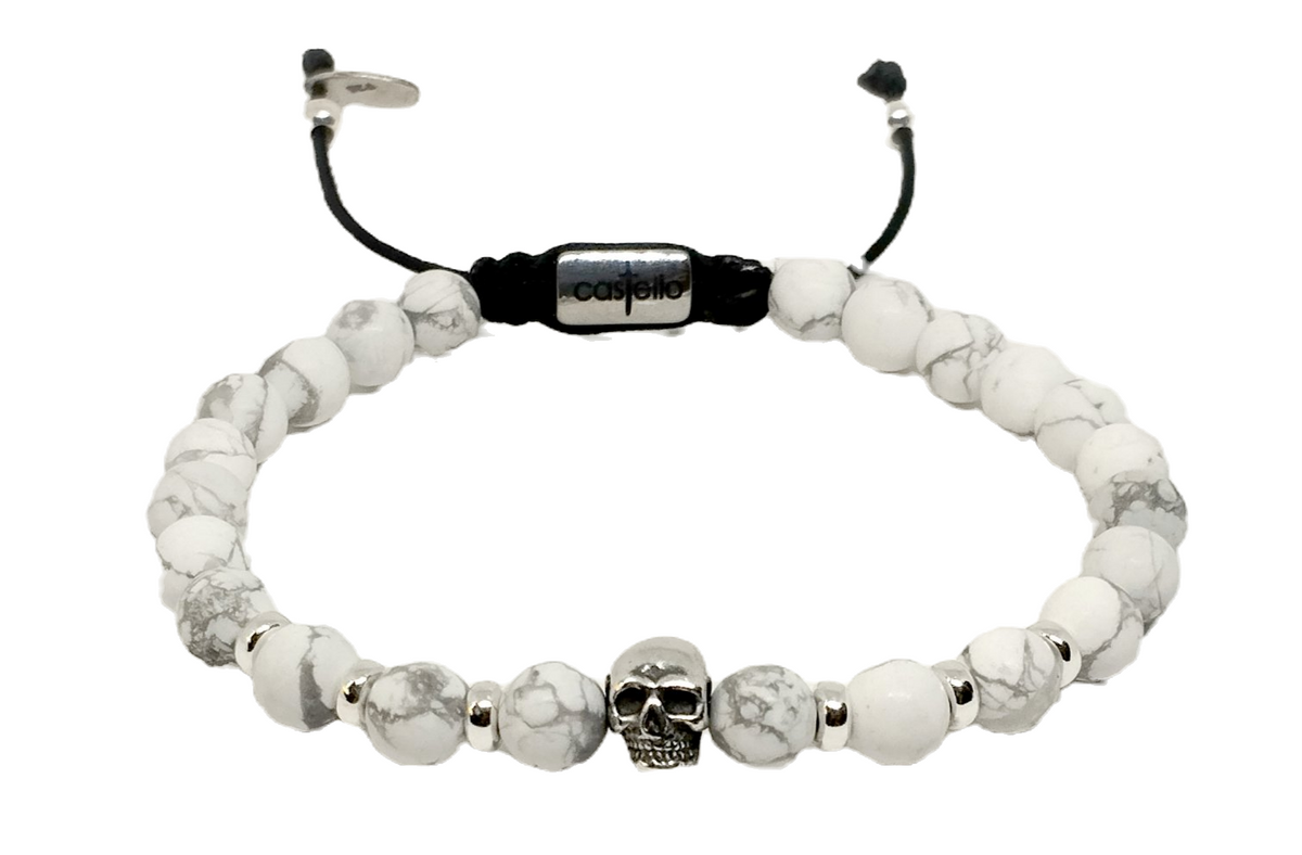 Howlite Skull Bracelet, Sterling Silver, 6mm | Castello Jewels