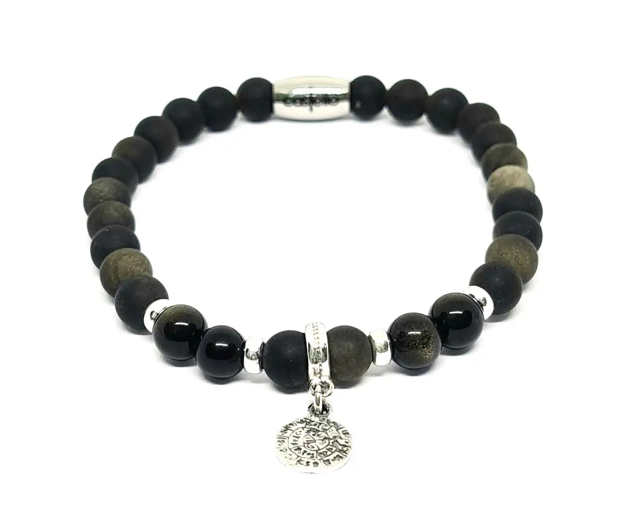 Hand Made Silver 925 Bracelet, Onyx Polish, Obsidian stone 6mm | Castello Jewels
