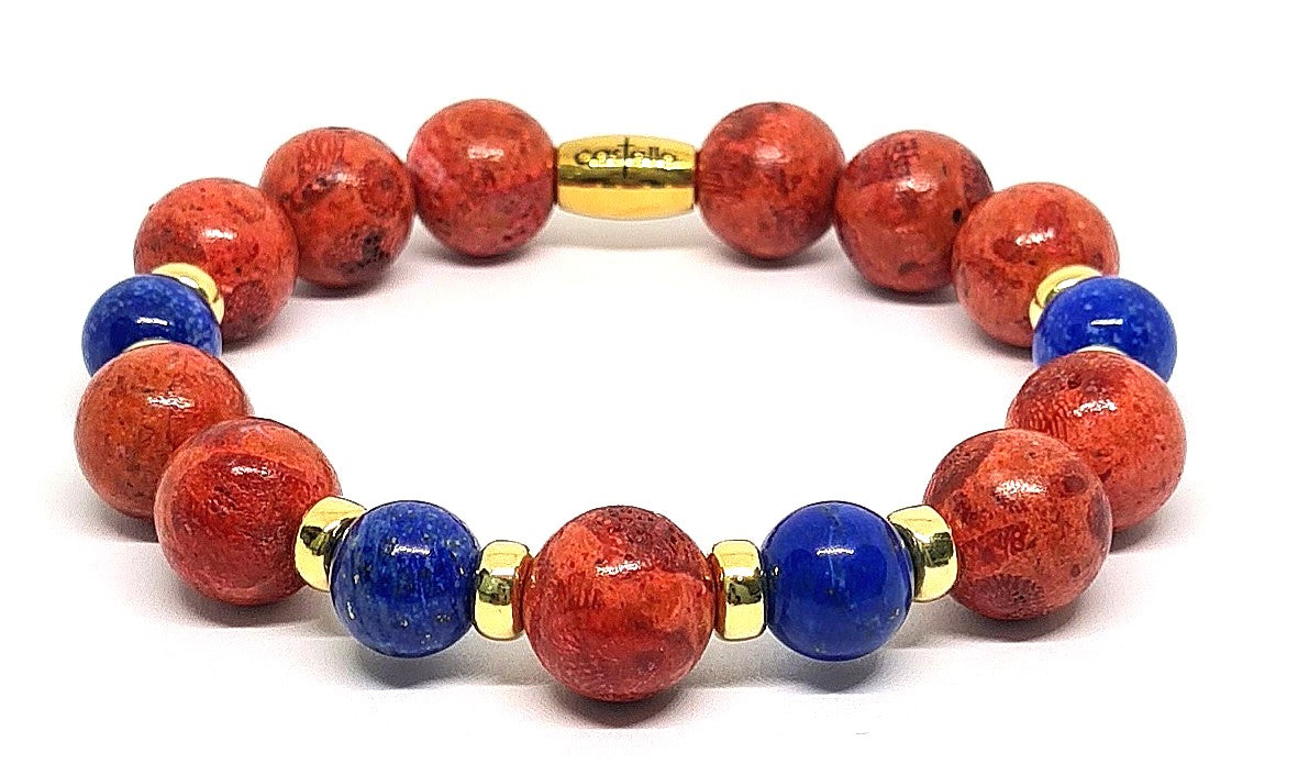 Hand Made Bracelet, Silver 925 Gold Plated Coral red, Lapis Stone 12mm | Castello Jewels