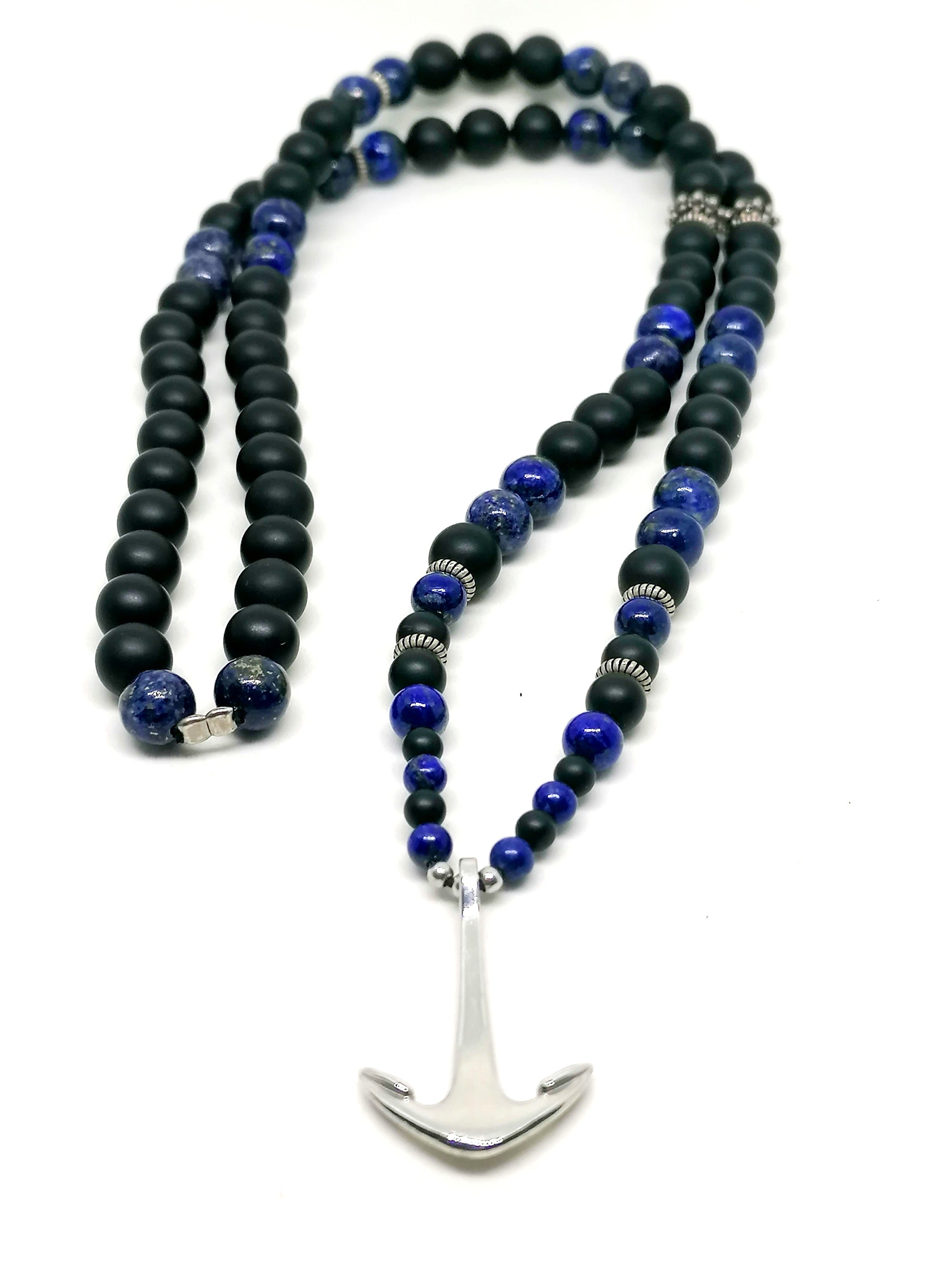 Necklace Anchor, Skull Silver 925, Onyx stone | Castello Jewels
