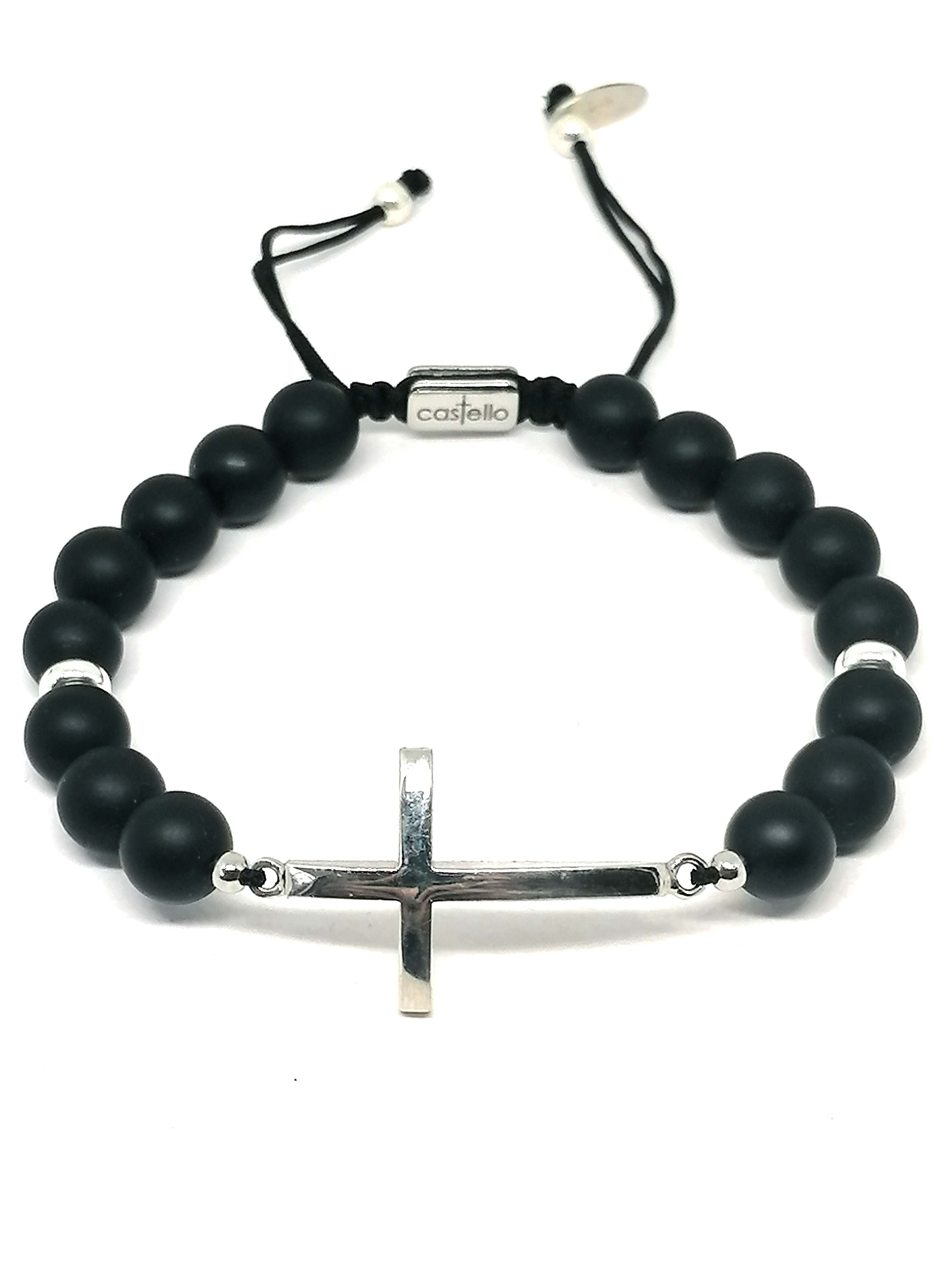 CROSS SILVER 925 Bracelet, Onyx Stone 8mm — view 3 | Castello Jewels