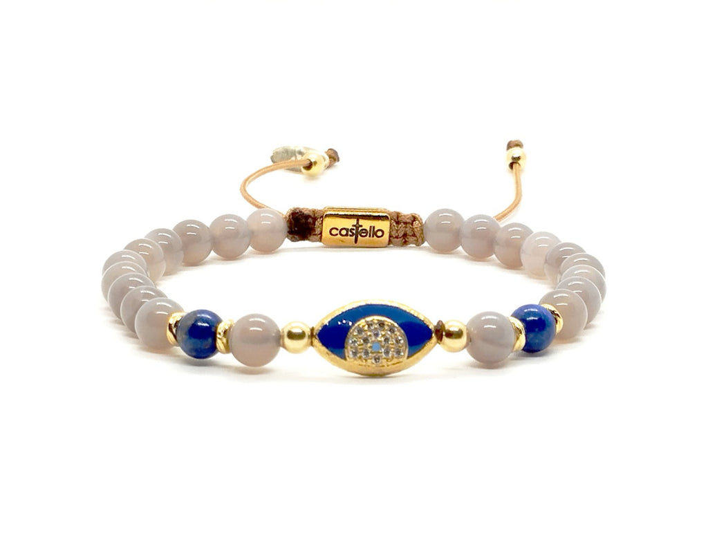 Gray Agate Evil Eye, silver 925' Gold Plated Bracelet, stone 6mm | Castello Jewels