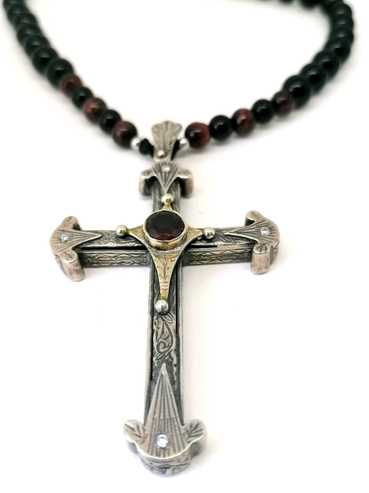Onyx & Tiger's Eye Byzantine Cross Necklace, Men's, 8mm, view 4 | Castello Jewels