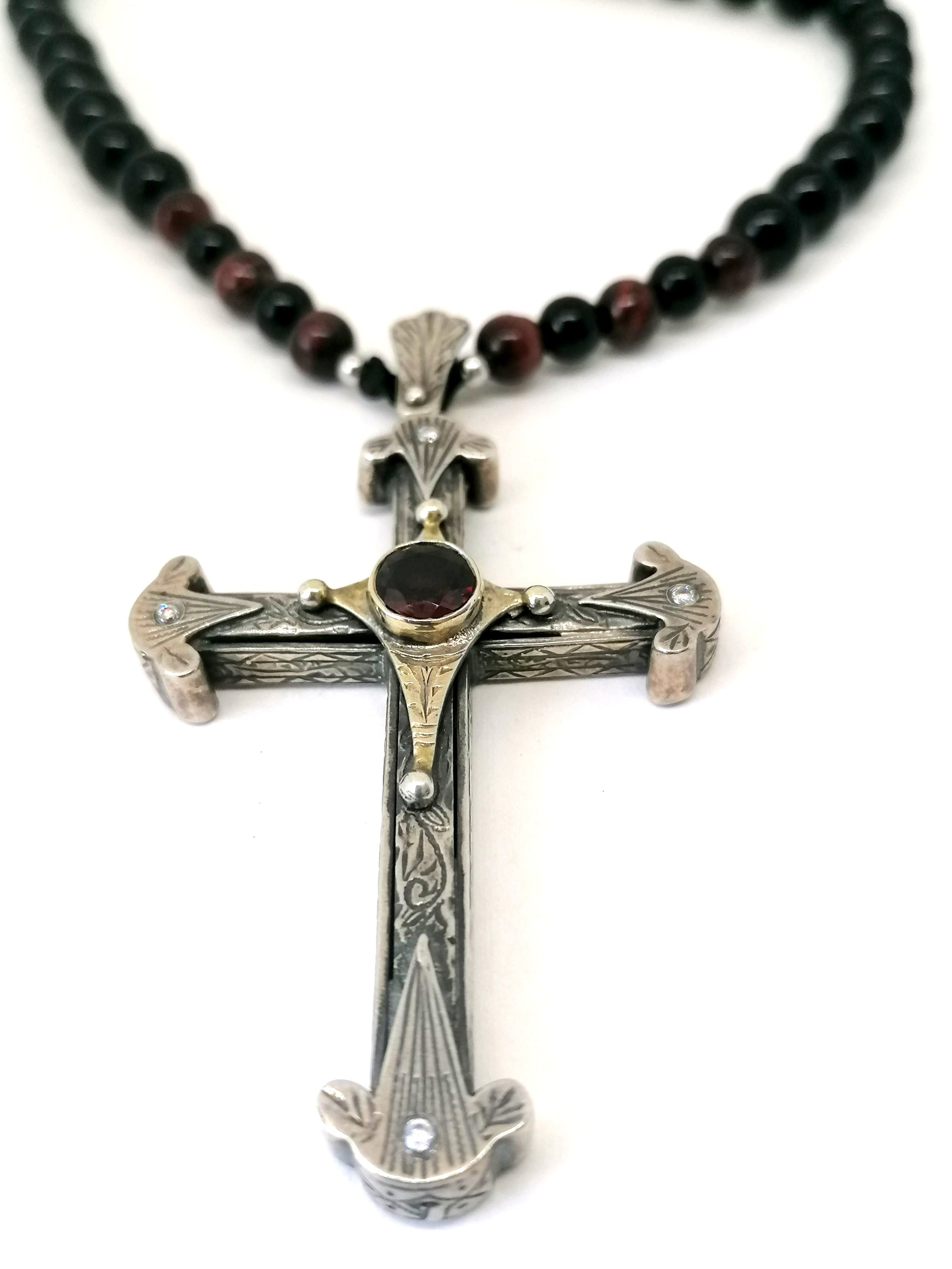 Necklace Byzantine Cross, Silver 925, Onyx stone — view 4 | Castello Jewels
