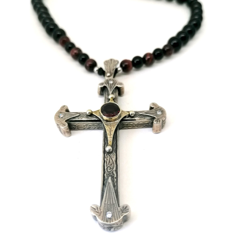 Onyx & Tiger's Eye Byzantine Cross Necklace, Men's, 8mm, view 4 | Castello Jewels