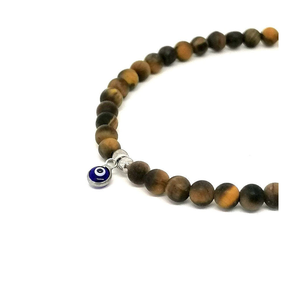 Matte Tiger's Eye Beaded Bracelet, Evil Eye, 4mm, view 2 | Castello Jewels