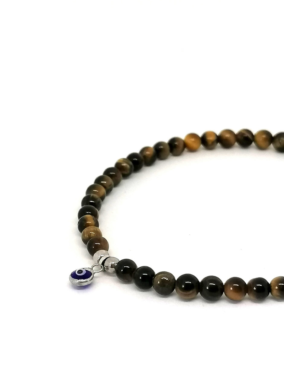Hand Made Bracelet Evil Eye 925, Tiger Eye stone 4mm — view 2 | Castello Jewels