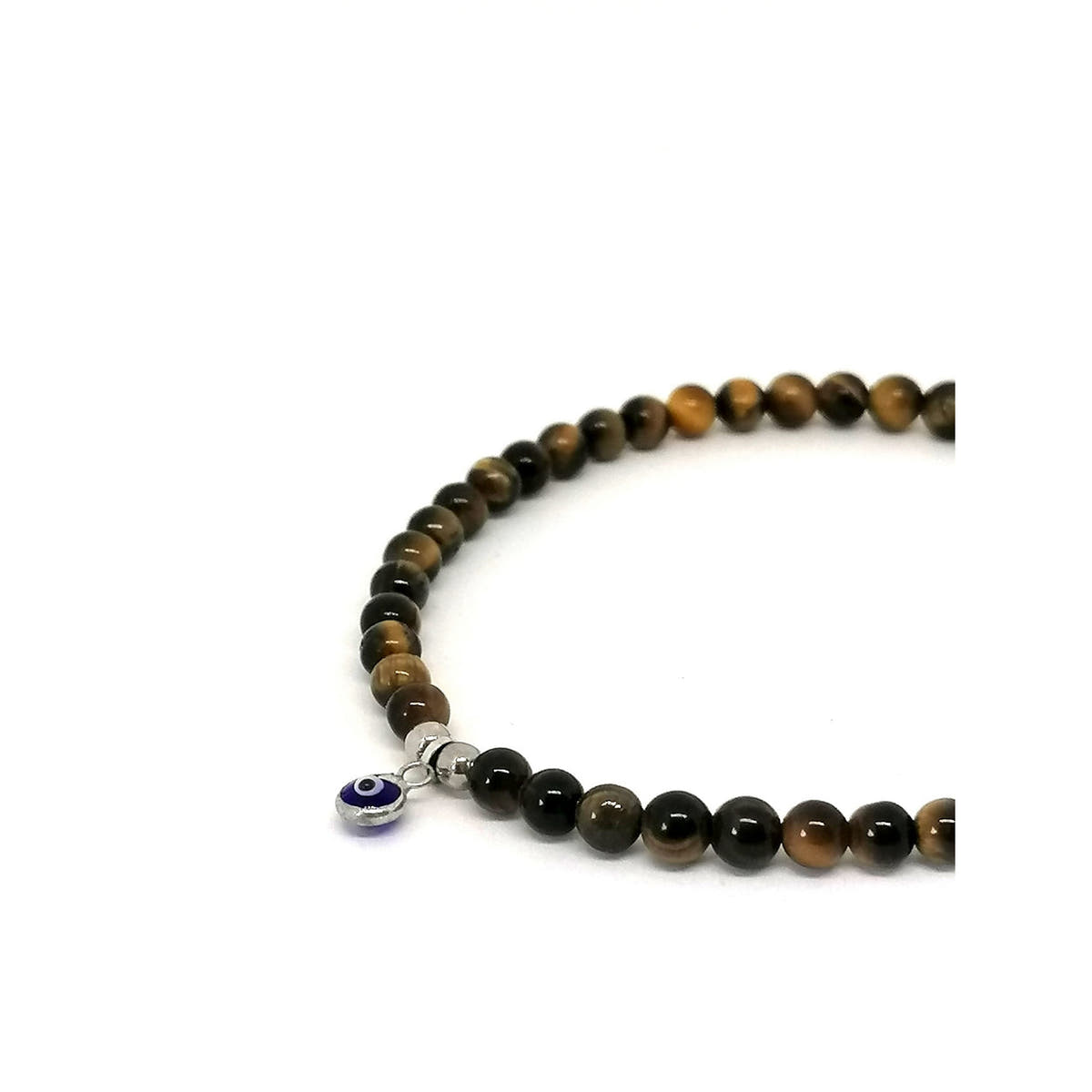 Polished Tiger's Eye Evil Eye Bracelet, 4mm, view 2 | Castello Jewels