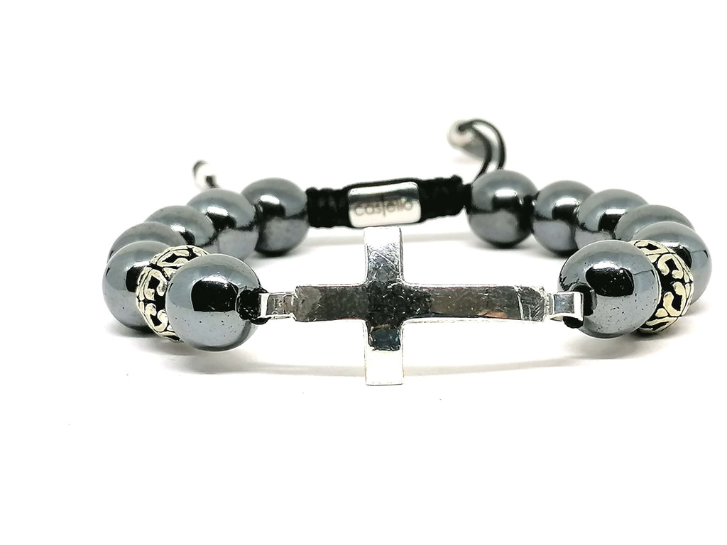 CROSS SILVER 925 Bracelet Hematite stone 10mm | Castello Jewels