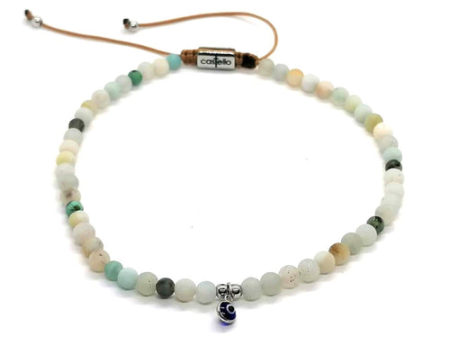 Amazonite Boho Anklet, Silver Eye Charm, 4mm | Castello Jewels