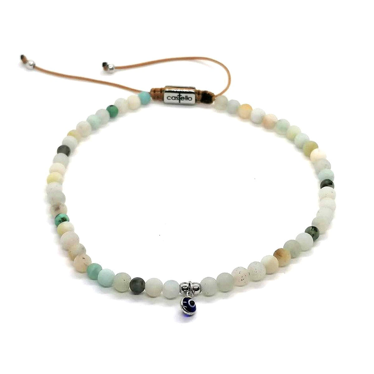Amazonite Boho Anklet, Silver Eye Charm, 4mm | Castello Jewels