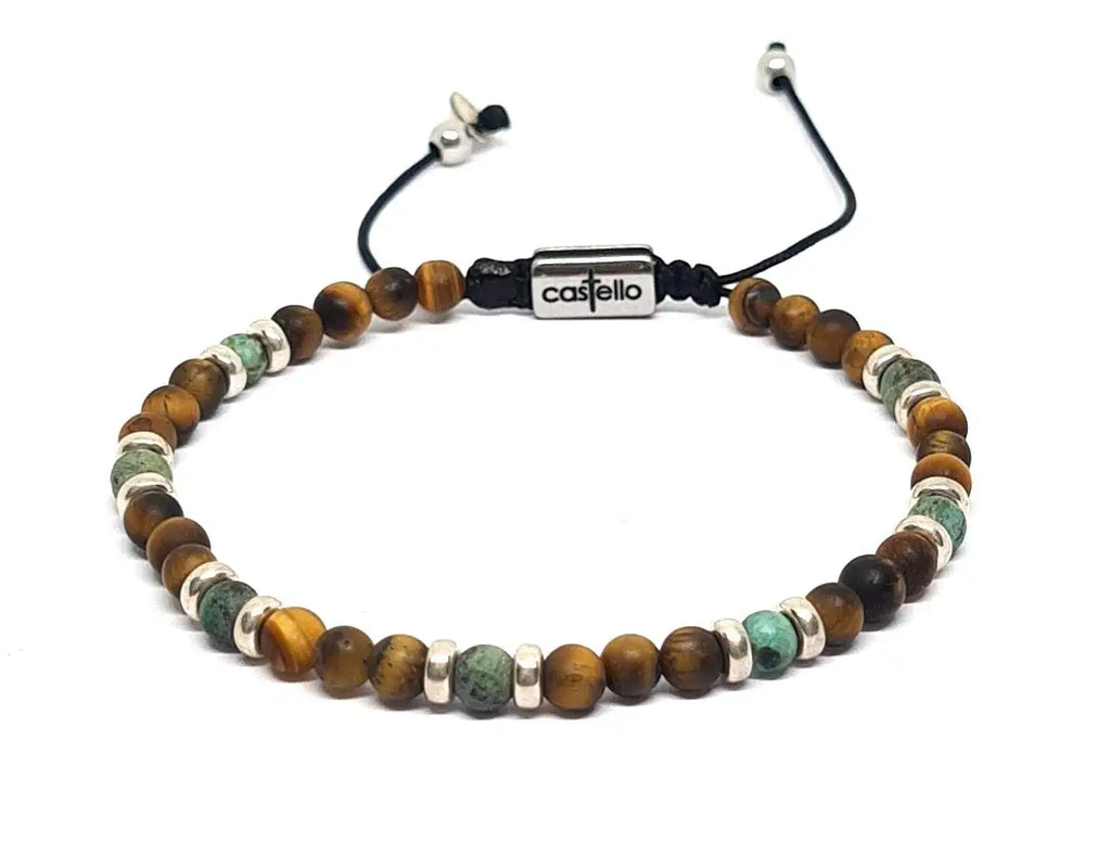 Hand Made Bracelet Silver 925 Classic Tiger Eye Mat, Africa Turquoise stone 4mm | Castello Jewels