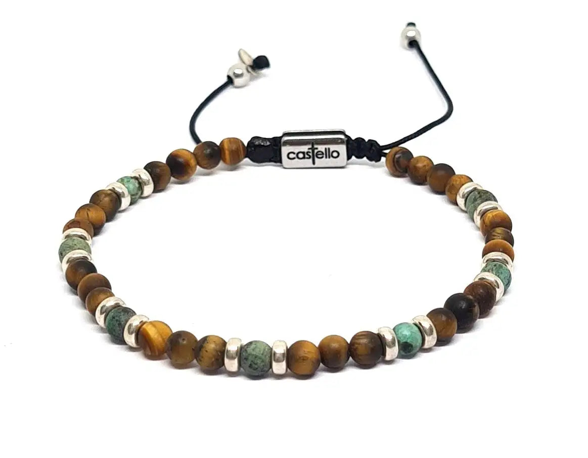 Hand Made Bracelet Silver 925 Classic Tiger Eye Mat, Africa Turquoise stone 4mm | Castello Jewels