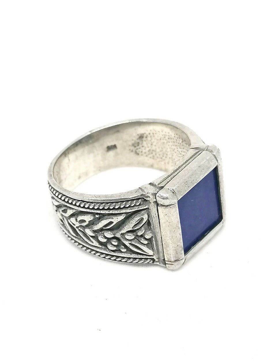 Mens silver ring Lapis Lazuli Olive Leaf — view 2 | Castello Jewels