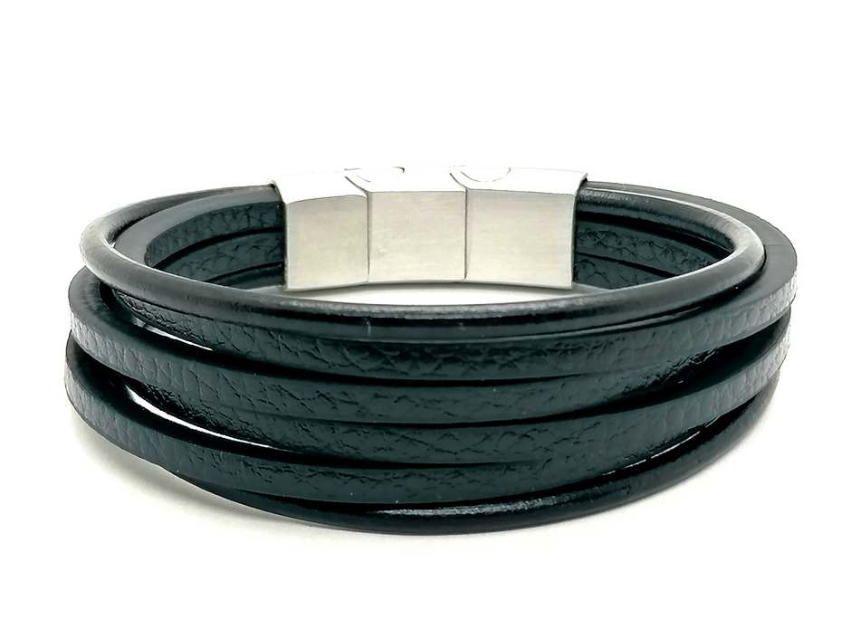 Black Multilayer Leather Bracelet, Stainless Steel DoubleClasp | Castello Jewels