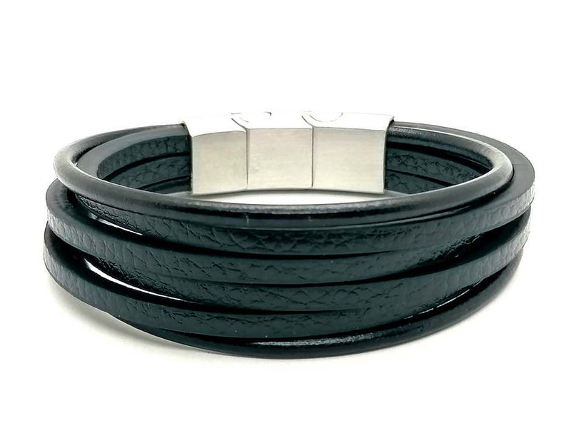 Black Multilayer  Leather Bracelet, Stainless Steel DoubleClasp