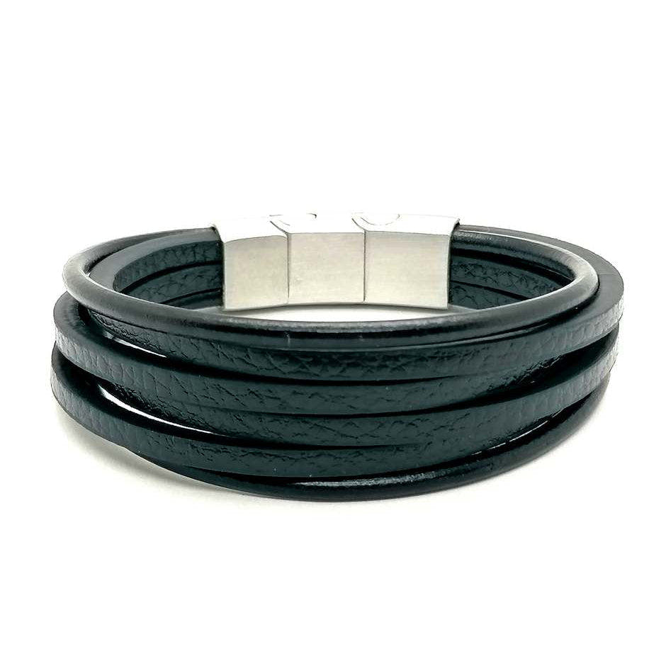 Black Multi-Strand Leather Men's Bracelet, Double Clasp | Castello Jewels
