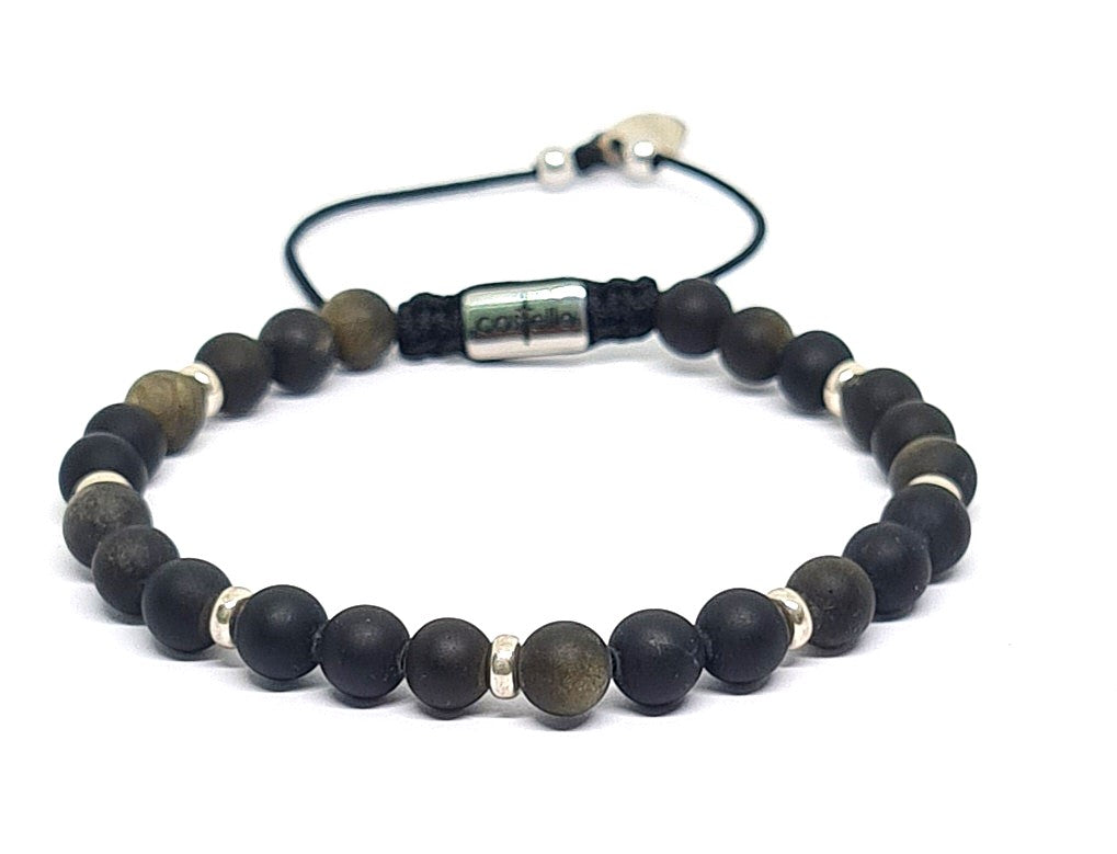 Silver 925 Bracelet Minimal, Obsidian Mate with rondel, 6mm stone | Castello Jewels