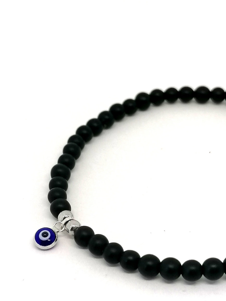Hand Made Bracelet Evil Eye 925, Onyx Mat stone 4mm — view 2 | Castello Jewels