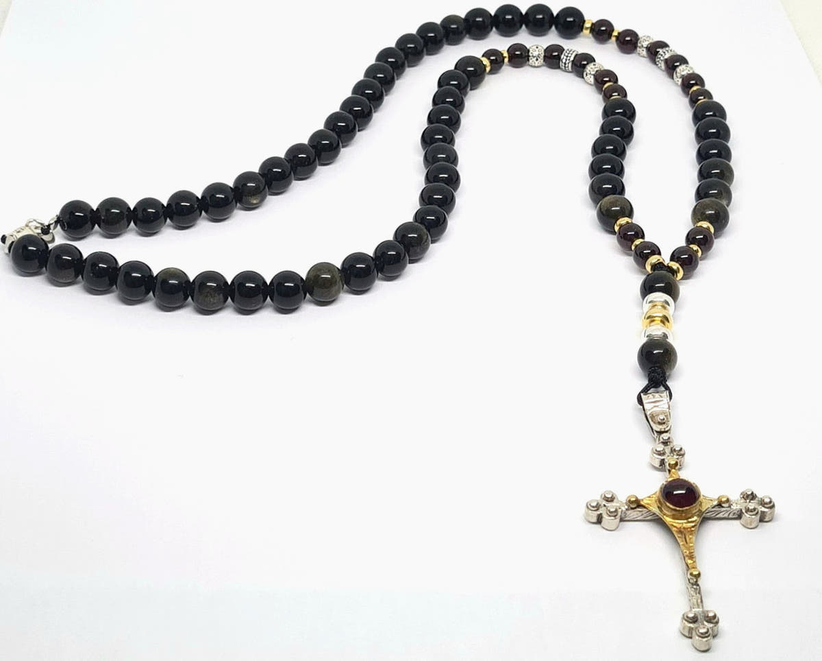 Obsidian & Garnet Statement Necklace, Large Cross, 8mm | Castello Jewels