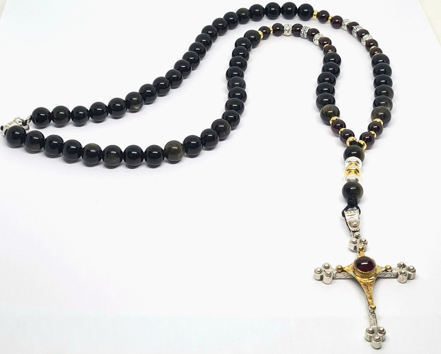 Hand Made Silver Gold Plated 925 Obsidian, Garnet stone 8mm cross pendant | Castello Jewels