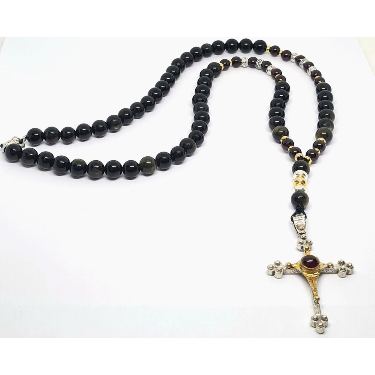 Obsidian & Garnet Statement Necklace, Large Cross, 8mm | Castello Jewels